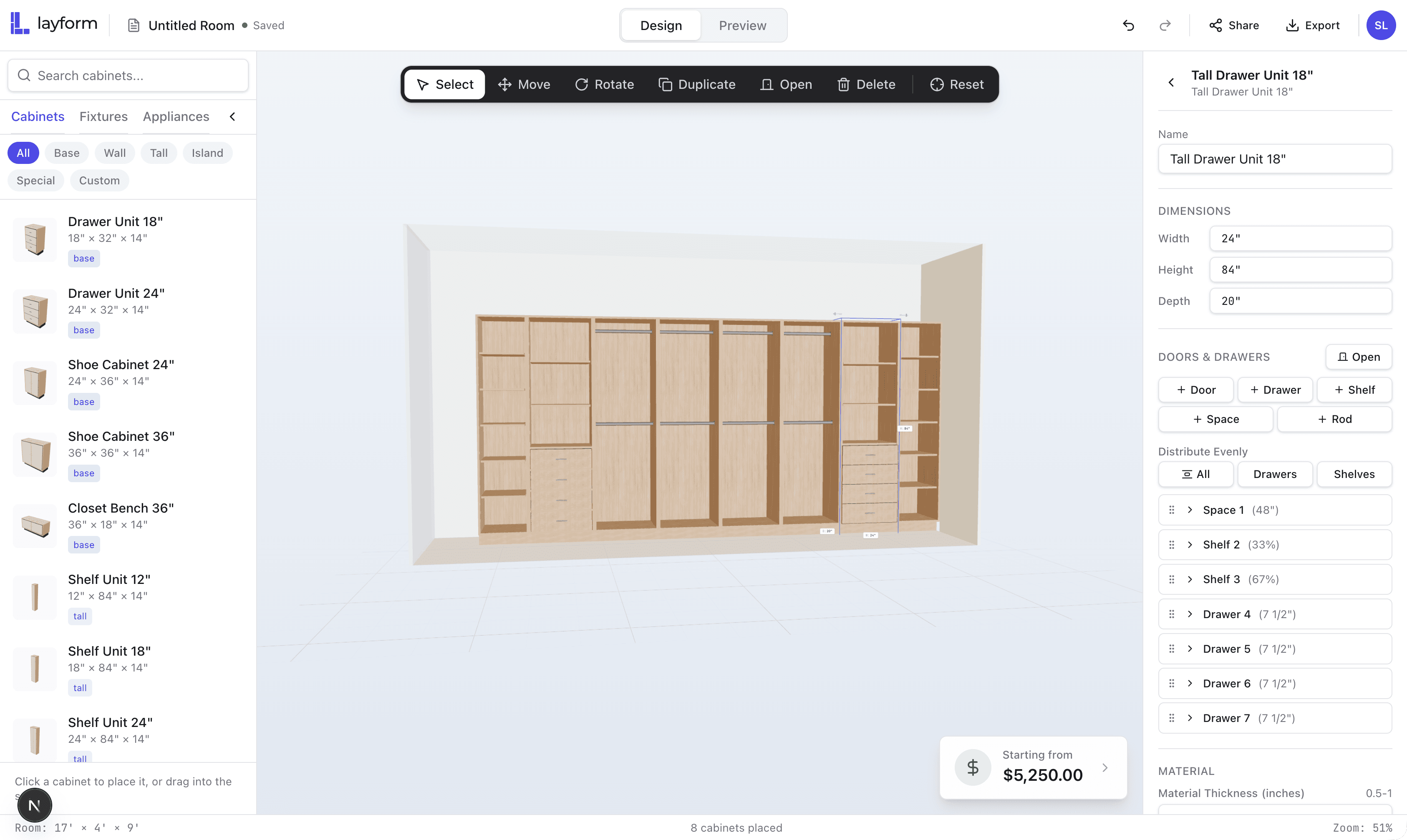 The Layform 3D designer — a walk-in closet built from parametric cabinets, with the catalog on the left, dimension and component controls on the right, and a live starting price.